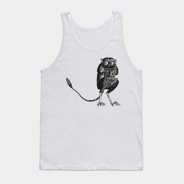 Say Cheese! | Tarsier with Vintage Camera | Bellows Camera | Black and White | Anthropomorphic | Tank Top by Eclectic At Heart